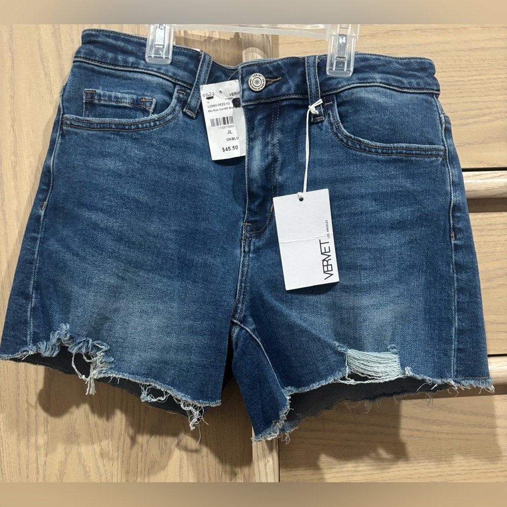 Vervet Rebecca High-Rise Jean Shorts with High-Waisted Design and Frayed Hem